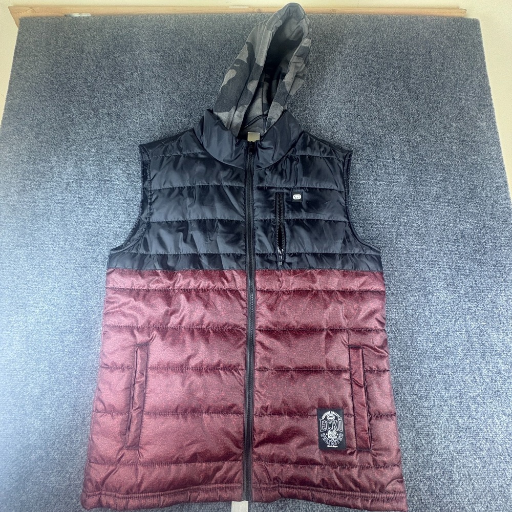 Ecko Unltd Rhino Puffer Vest Mens Medium Black Red Logo Camo‎ Hooded Full Zip